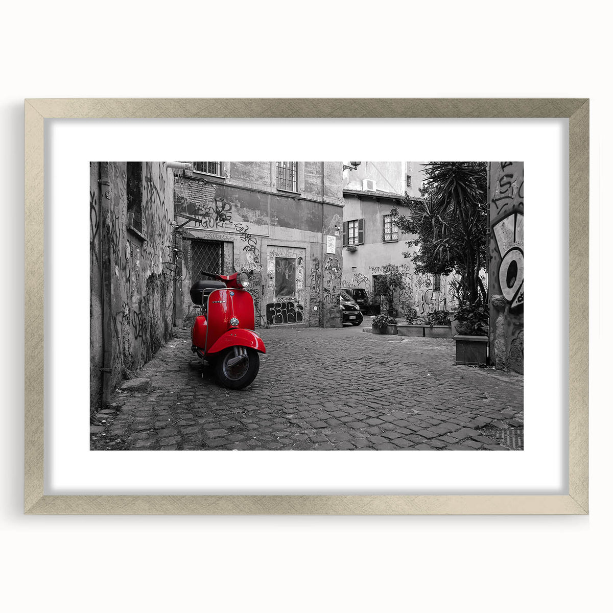 Extra large wall art depicting an abstract textured print of Rome scenery in muted earth tones, framed in silver.