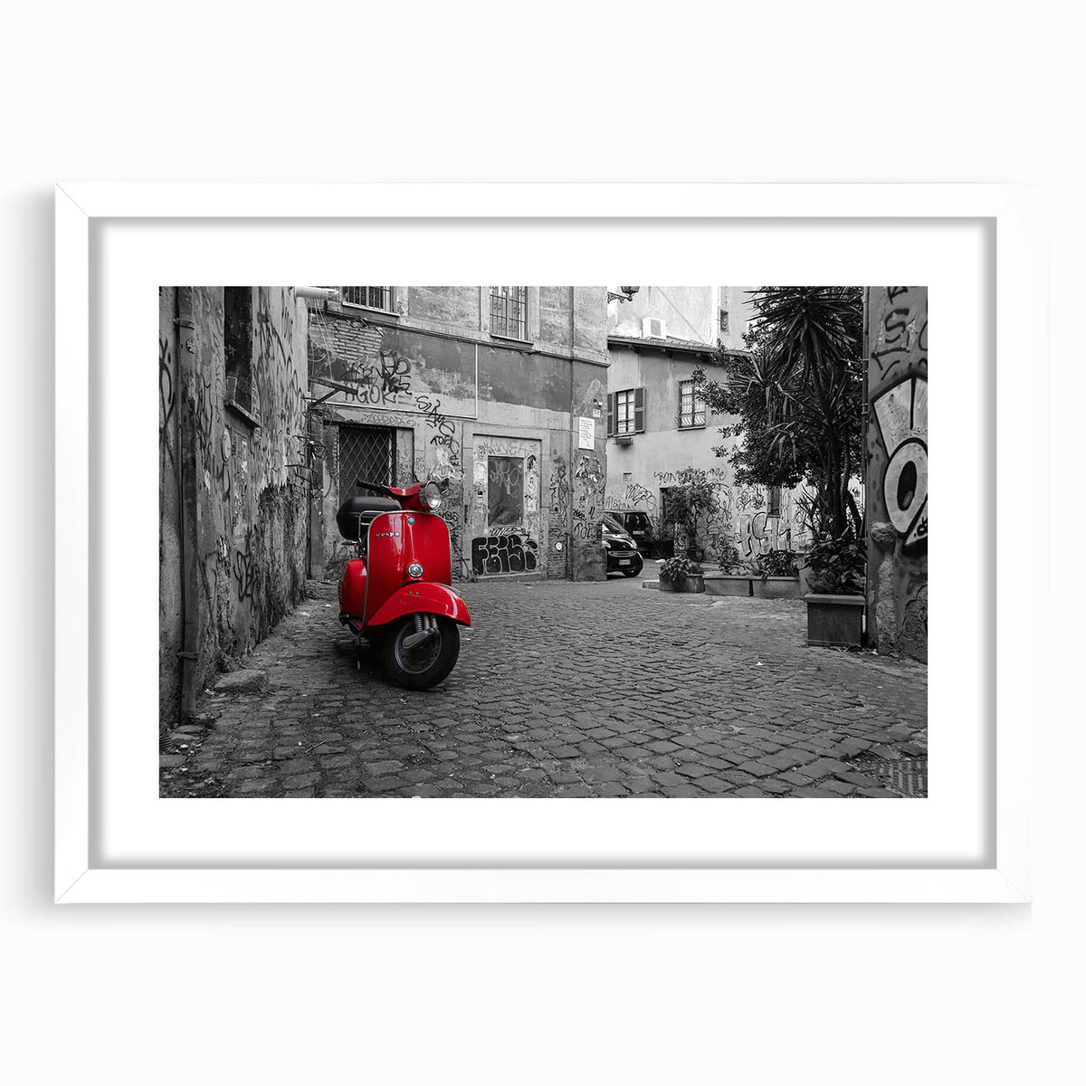 Textured abstract art print of Rome scenery in muted earth tones on a white framed canvas, ideal for bedroom art.