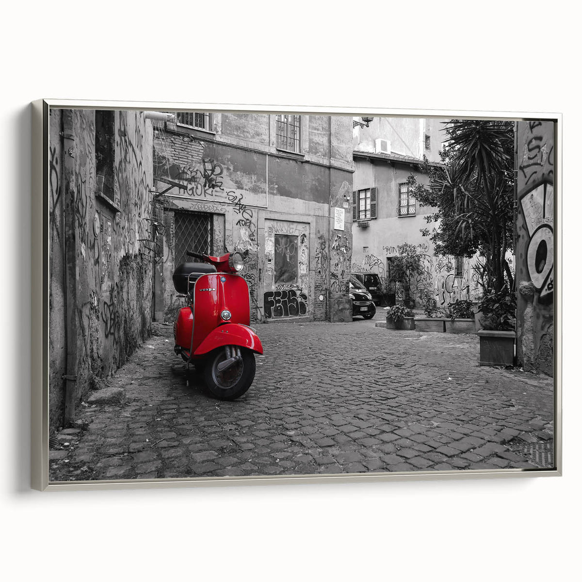 Framed canvas of a vintage-style landscape painting depicting Rome, Italy, with muted earth tones.