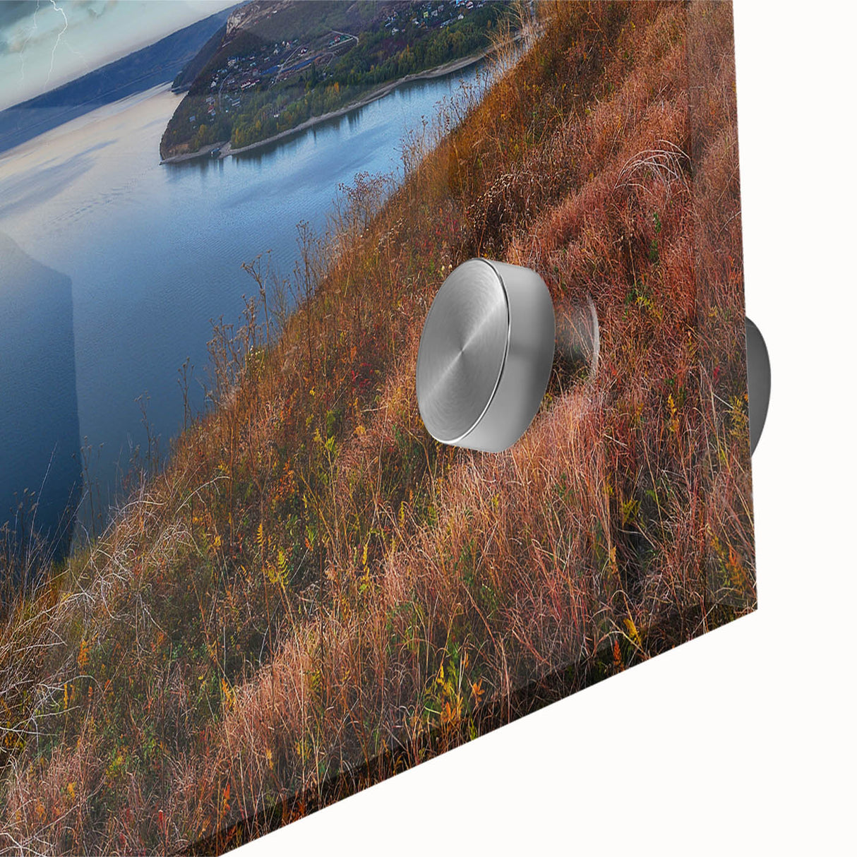 Large abstract wall art depicting a European landscape in muted earth tones on acrylic glass, ideal for dining room art.