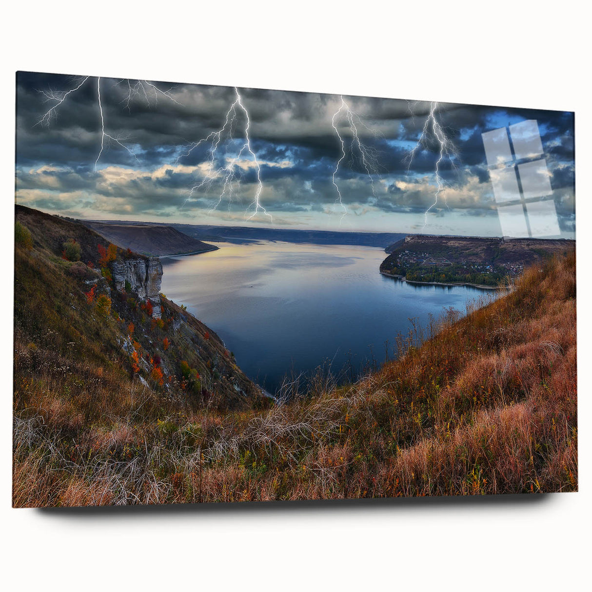 Large abstract wall art depicting a serene Ukrainian landscape in muted earth tones on acrylic glass.