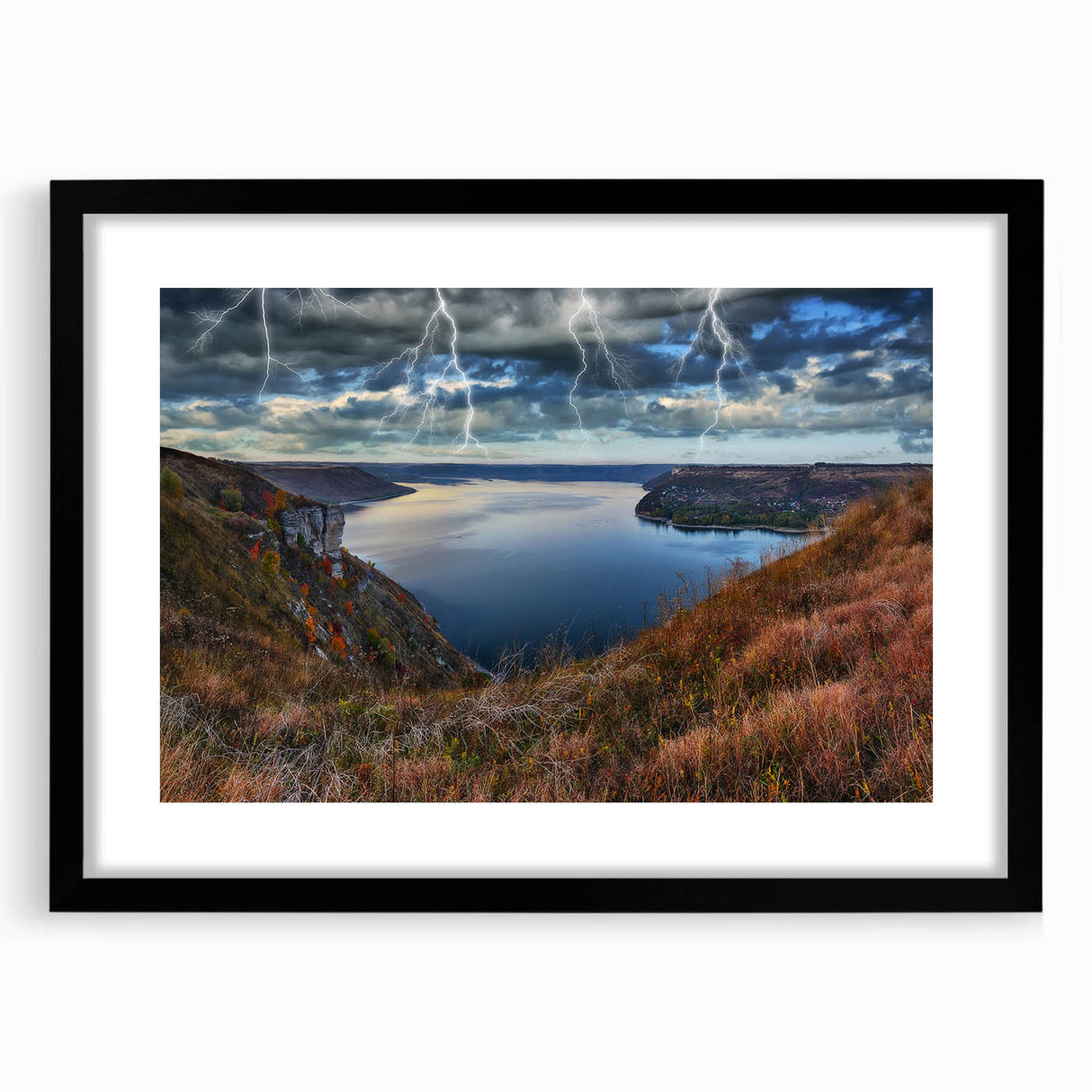 Extra large abstract art print depicting a colorful, textured European scenery on a framed black mat.