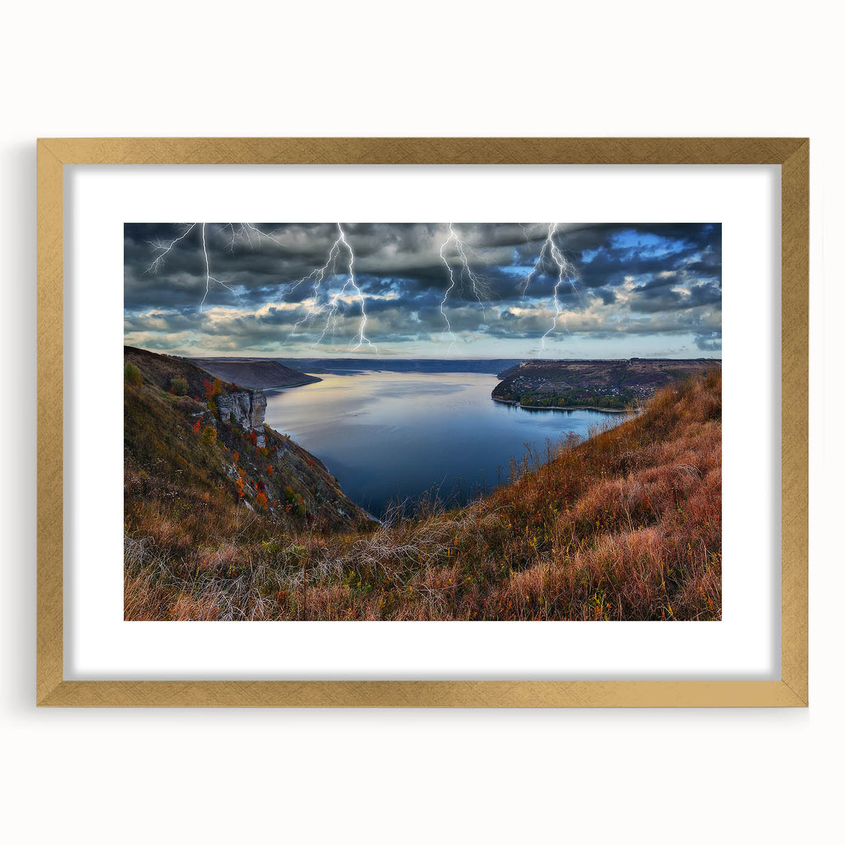 Extra large abstract art print depicting a textured European scenery in muted earth tones, framed in gold.