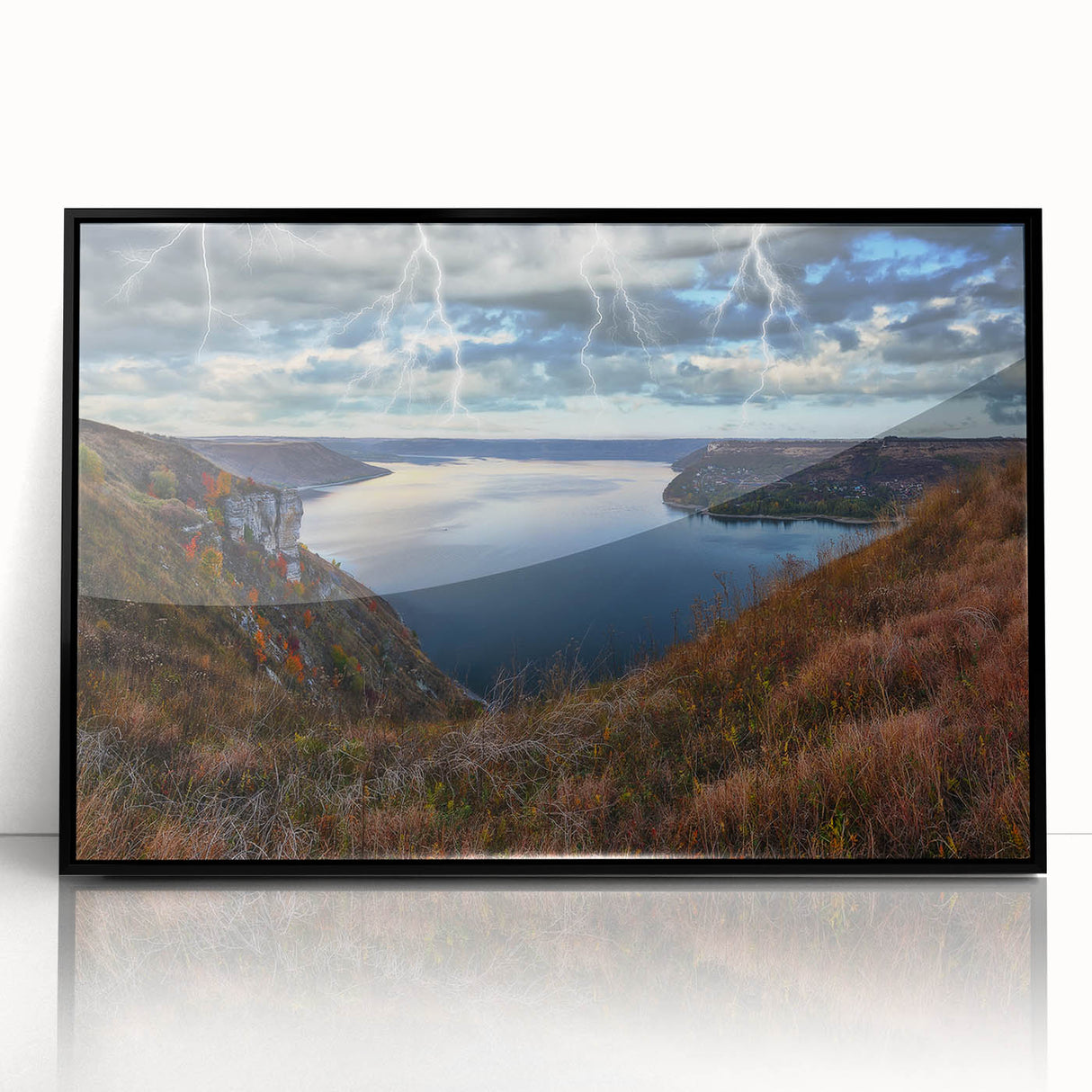 Large abstract wall art depicting a vibrant European landscape on black-framed acrylic, ideal for modern living room decor.