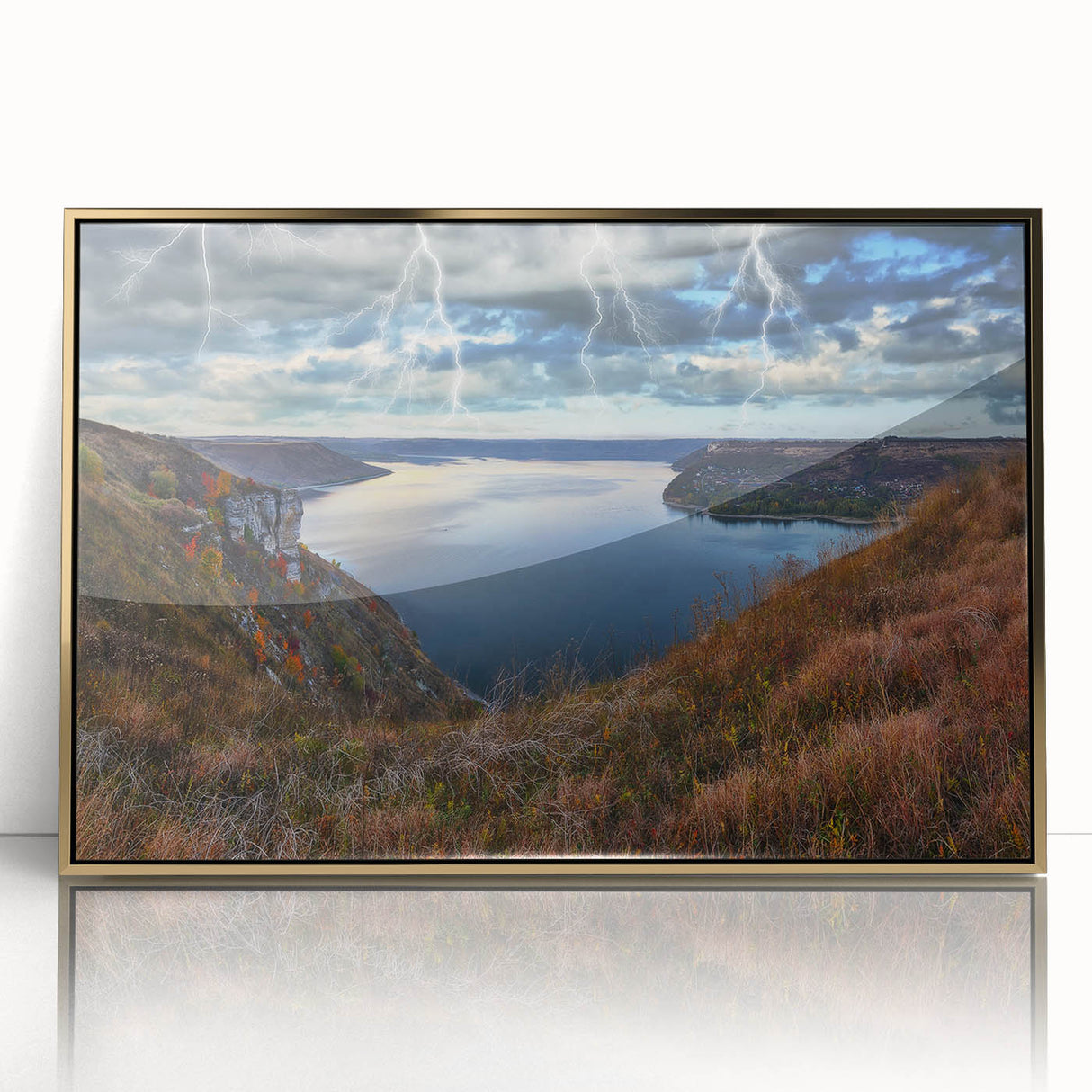 Large framed acrylic print of a European landscape in gold and green tones, ideal for modern art wall decor.