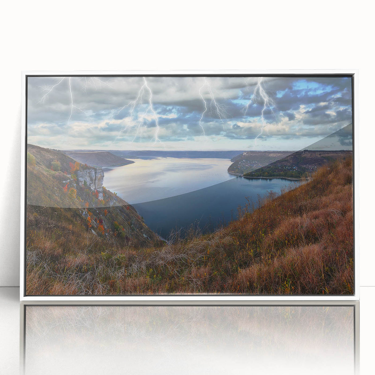 Art deco poster featuring a serene European landscape, framed acrylic, in soft blue and green tones.