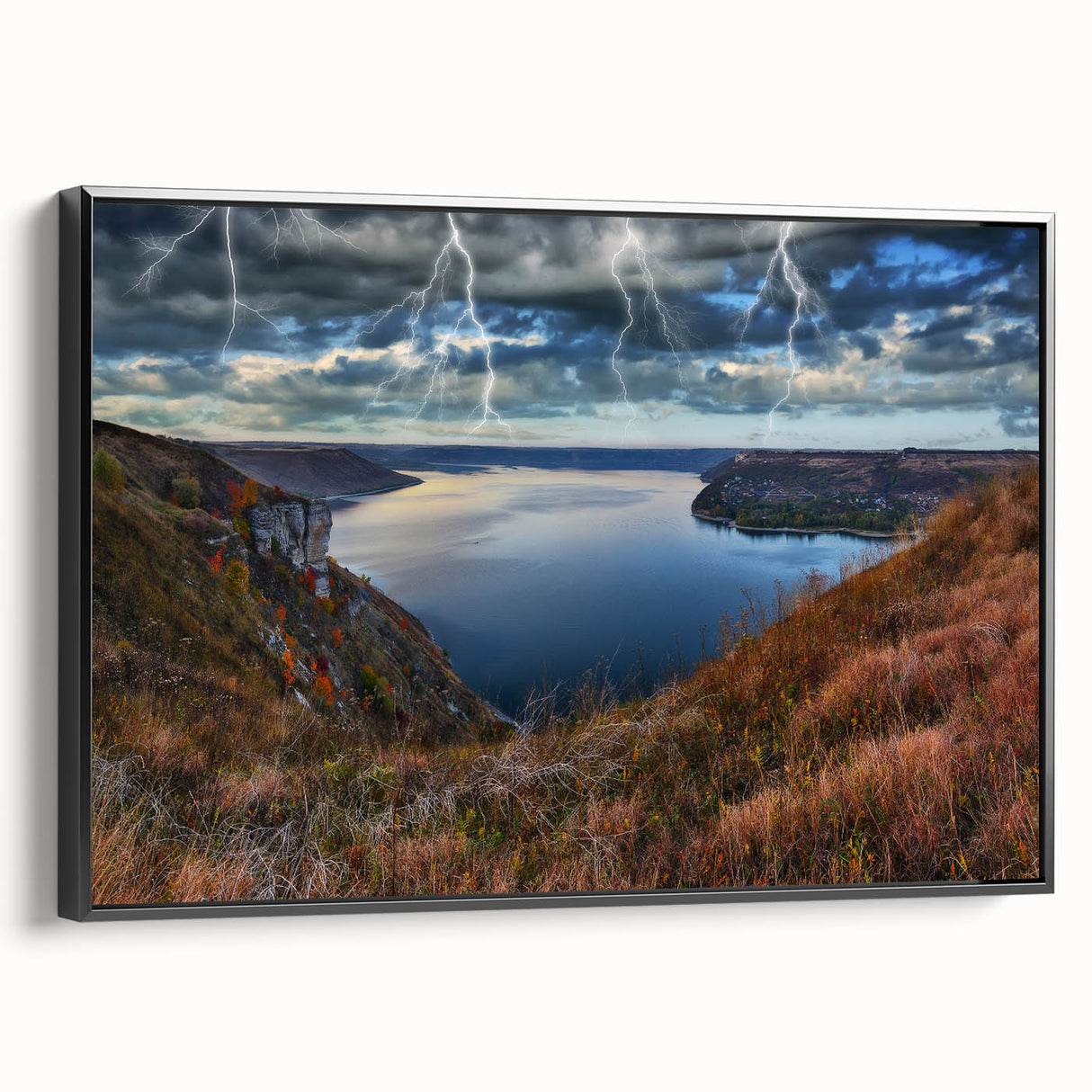 Black and white framed canvas of a vintage European landscape, ideal for bedroom wall decor.
