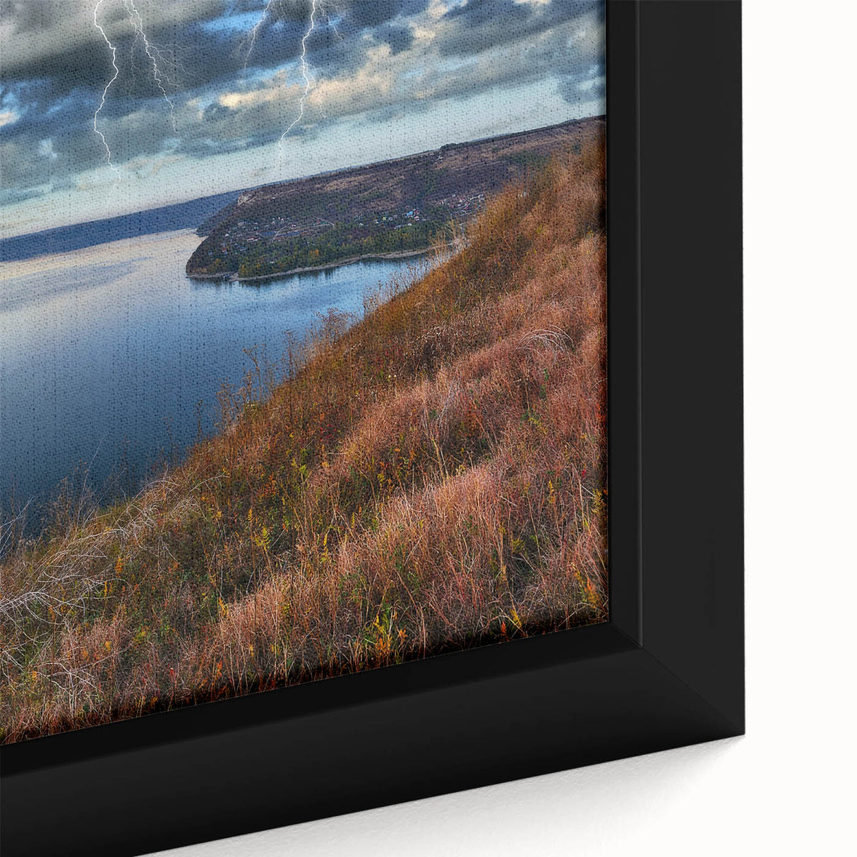 Extra large framed canvas featuring a textured depiction of a European scenery in black with colorful accents.