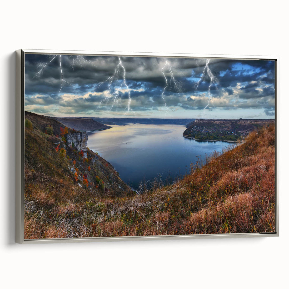 Framed canvas landscape art painting depicting a colorful vintage European scenery, ideal for living room decor.