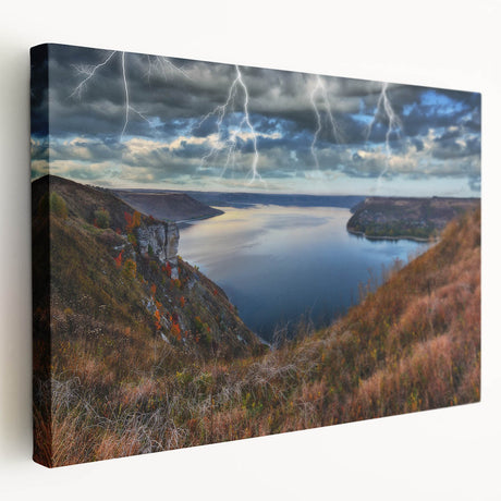 Large art print on stretched canvas depicting a serene Ukrainian landscape in muted earth tones.