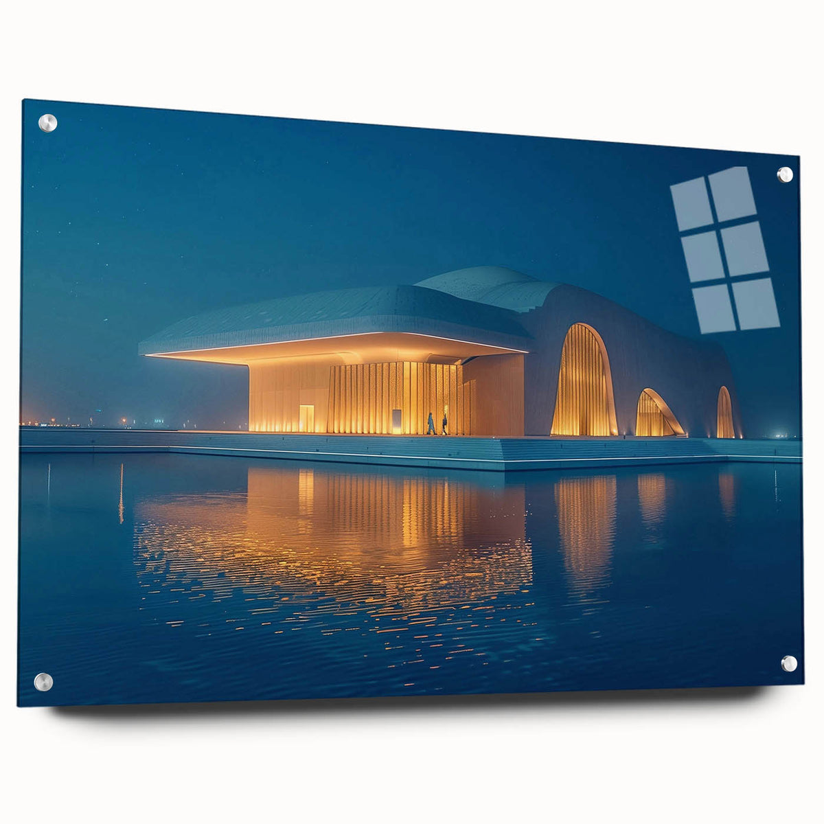 Large abstract wall art of Abu Dhabi skyline in muted blue and gray tones on acrylic glass.