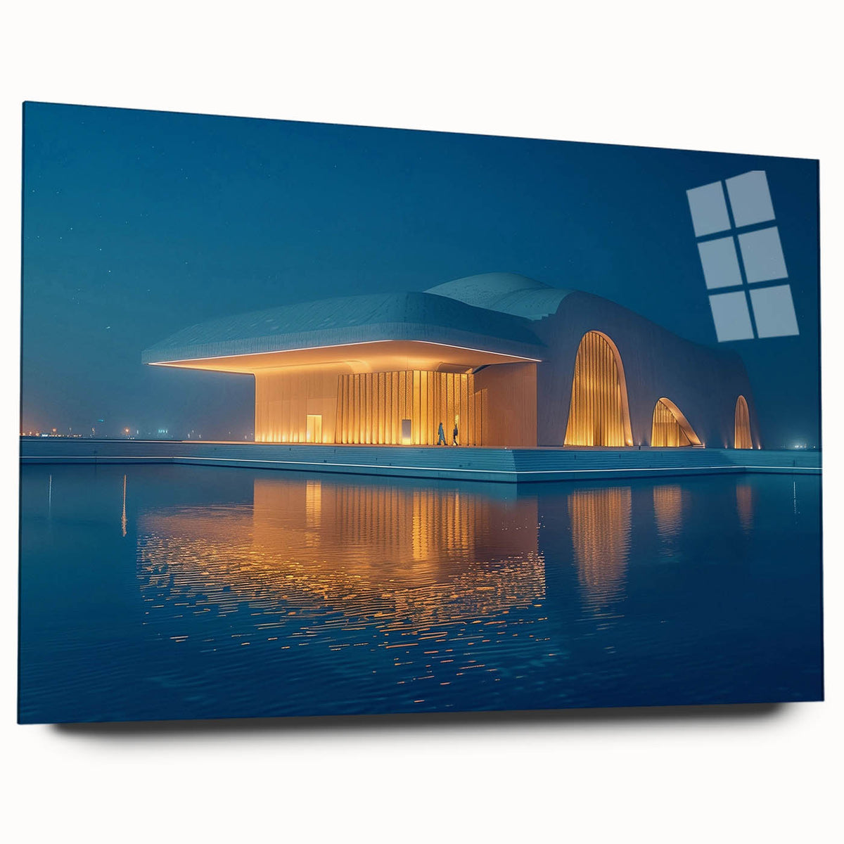 Large abstract wall art of Abu Dhabi skyline in muted blue tones on acrylic glass, ideal for bedroom or dining room decor.