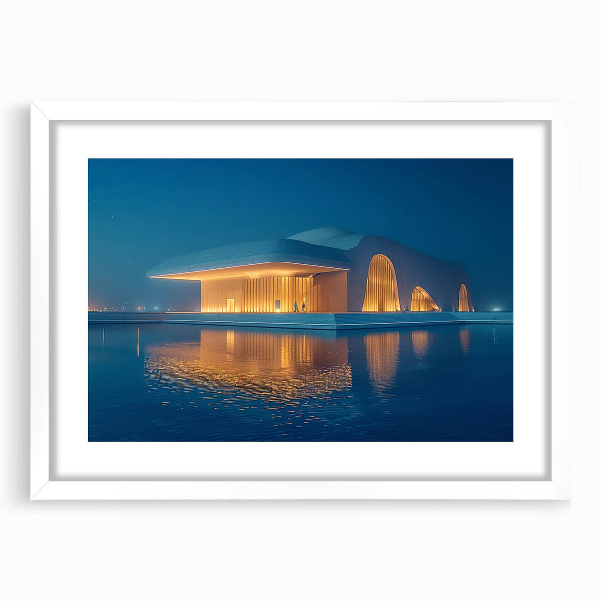 Abstract art print of Abu Dhabi skyline in muted gray and blue tones on a framed white mat, ideal for dining room decor.