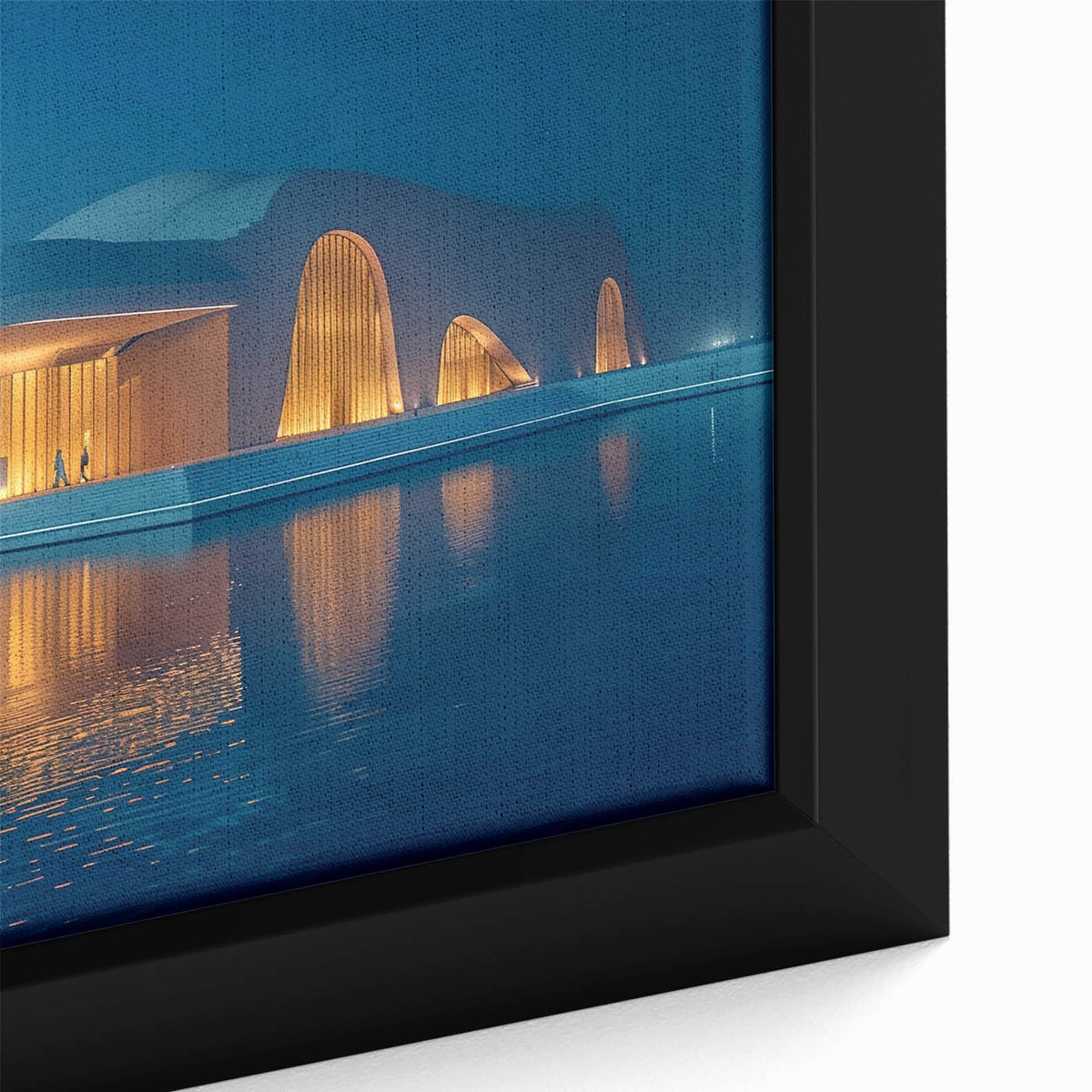 Close-up of a textured black wall art featuring a colorful Abu Dhabi cityscape on a framed canvas.