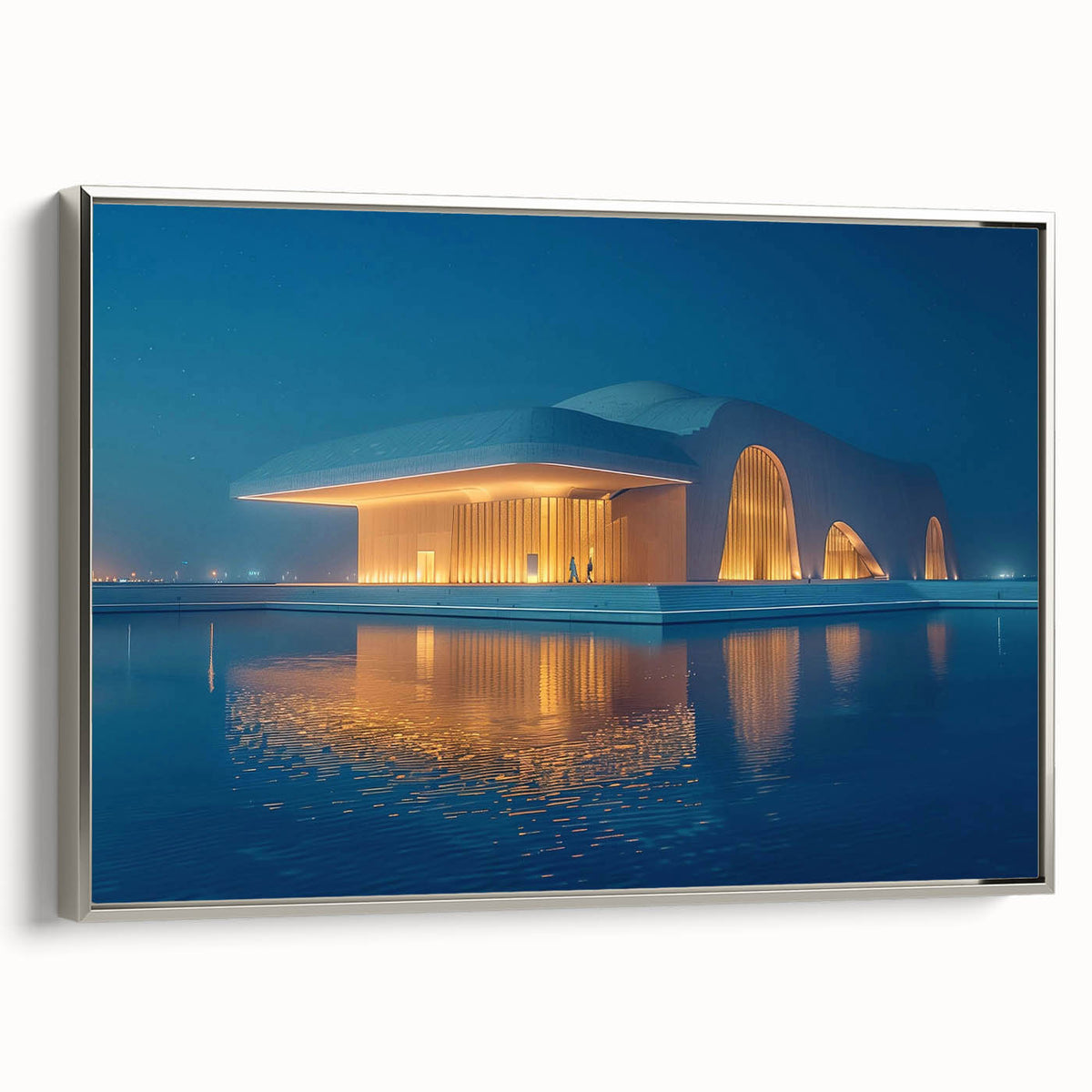 Framed canvas of a colorful Abu Dhabi landscape, featuring vivid shades and black accents, ideal for living room decor.