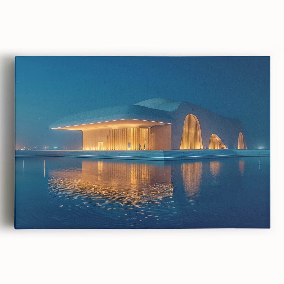 Black and white stretched canvas of Abu Dhabi skyline, ideal for kitchen wall art.
