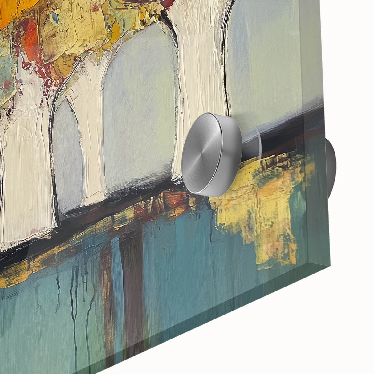 Close-up of vibrant abstract floral acrylic glass artwork featuring bold colors and intricate details, ideal for modern home decor and art enthusiasts.