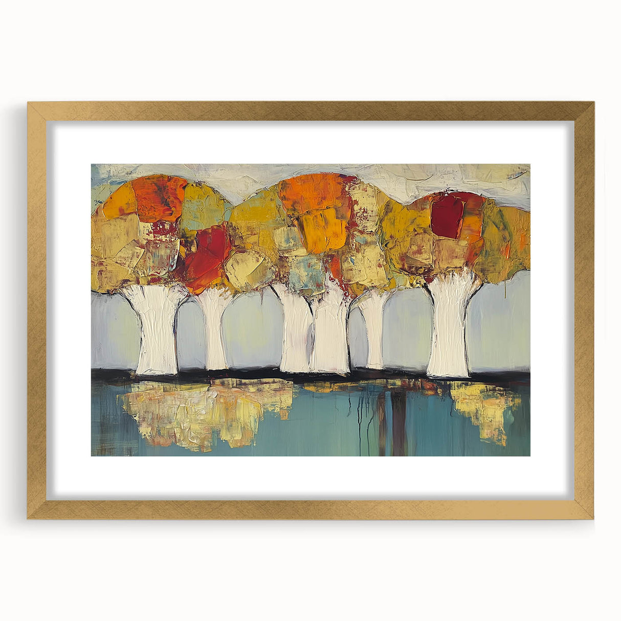 Abstract floral frame artwork in gold matting, showcasing vibrant colors and intricate details, ideal for home decor or art enthusiasts, displayed against a neutral background.