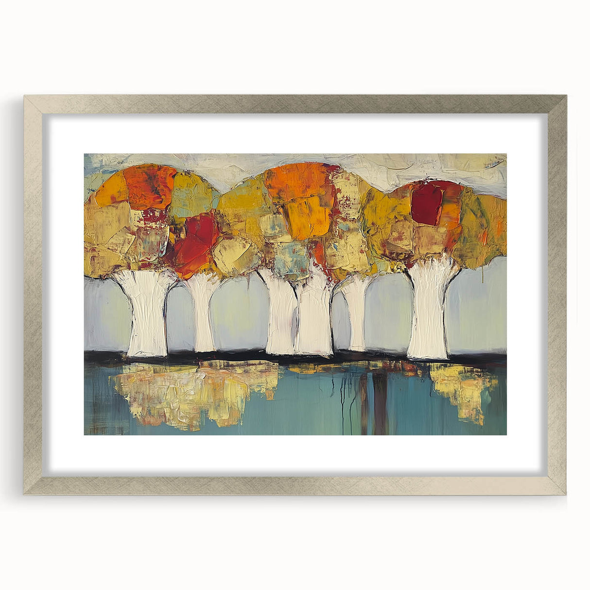 Abstract floral design framed in a silver mat, showcasing intricate patterns and vibrant colors, ideal for enhancing modern home decor aesthetics.