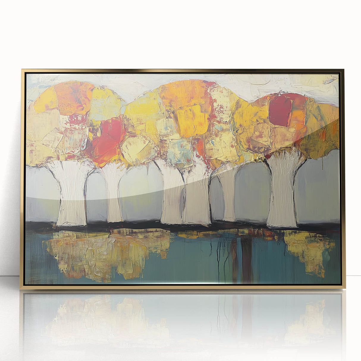 Framed acrylic artwork showcasing vibrant abstract florals in gold and pastel hues, perfect for modern home decor. Ideal for adding a touch of elegance and color to any room.