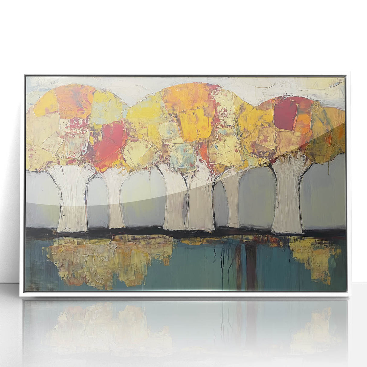 Framed acrylic artwork showcasing vibrant abstract floral designs in bold colors, encased in a sleek white frame, perfect for modern home decor.
