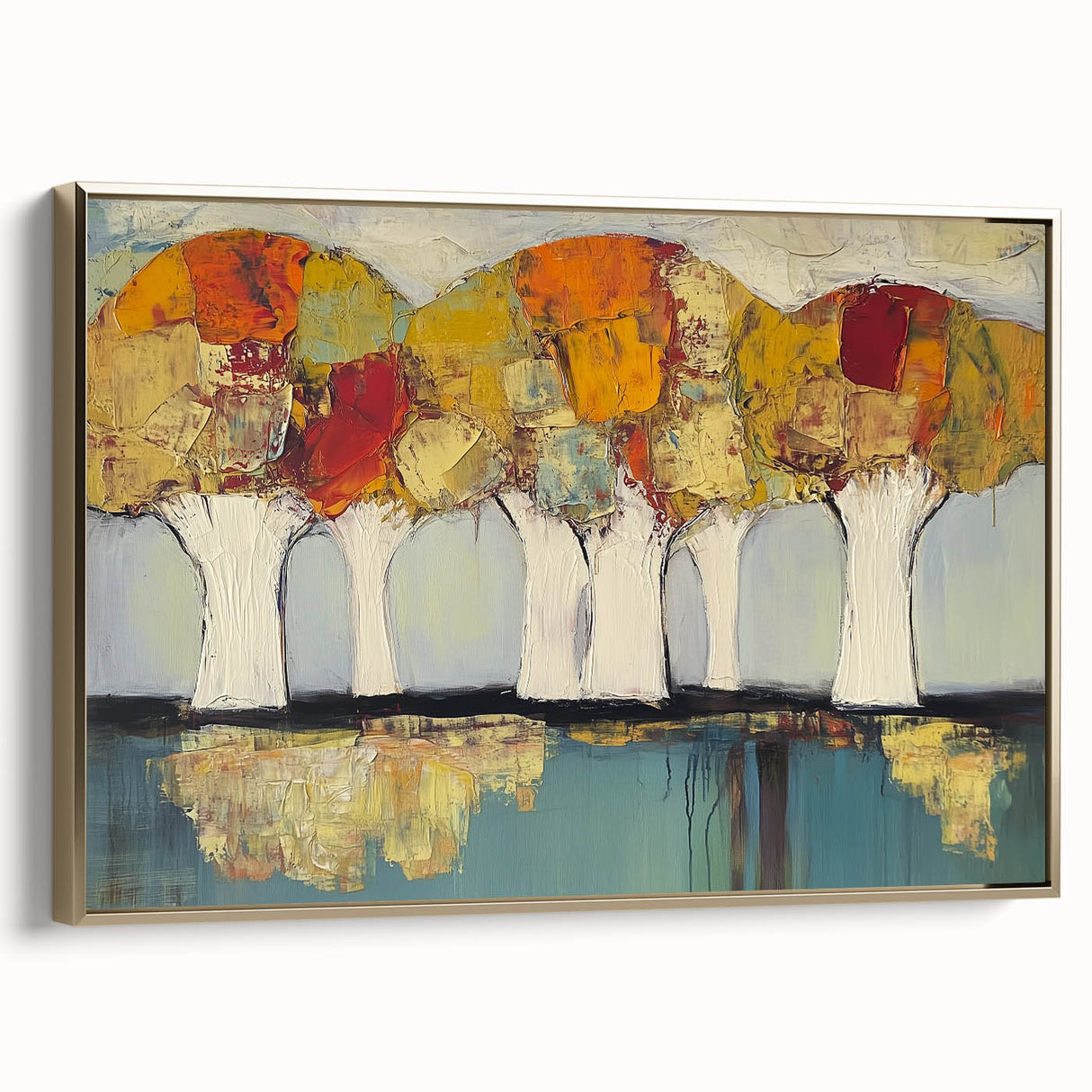 Framed canvas artwork featuring abstract floral designs in vibrant colors with a gold frame, showcased from a side view, perfect for modern home decor.