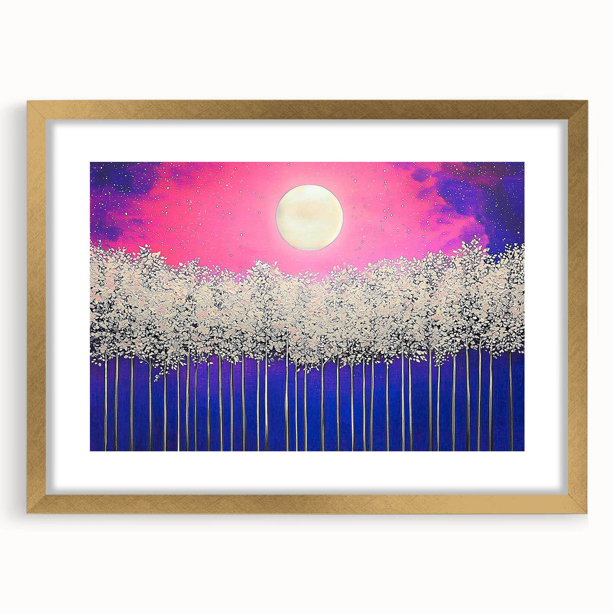 Abstract landscape artwork framed in gold with a white mat, showcasing vibrant colors and dynamic shapes, perfect for enhancing modern home decor.