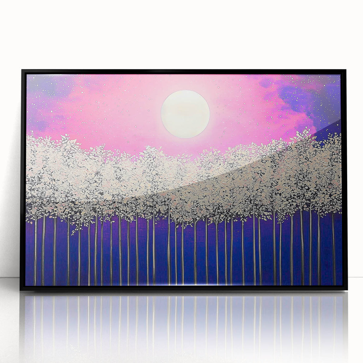 Framed acrylic artwork showcasing an abstract landscape with vibrant colors, presented in a sleek black frame, ideal for modern home decor.