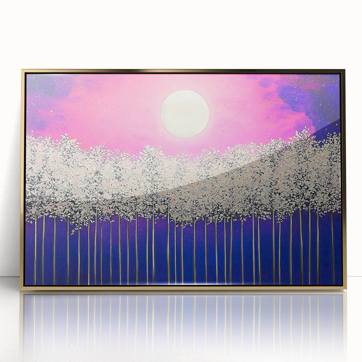 Framed abstract landscape artwork with a gold-accented design, featuring fluid shapes in earthy tones, ideal for modern home decor. Perfect for adding a touch of elegance to living spaces or offices.