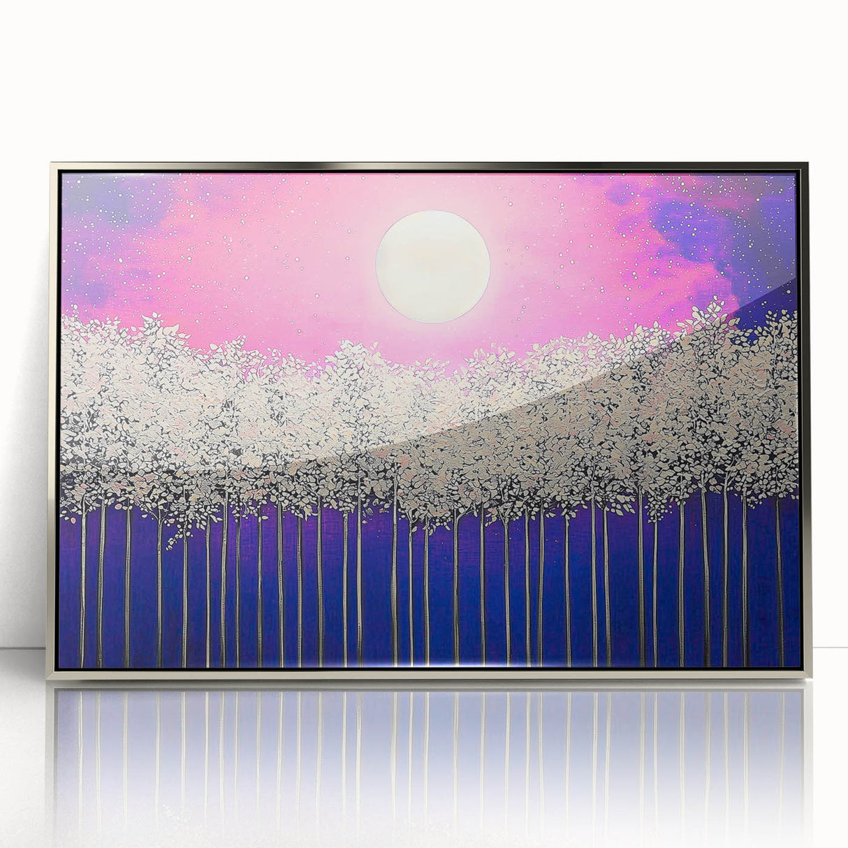 Framed abstract landscape artwork in silver acrylic, showcasing vibrant hues of blue and green, perfect for modern home decor and enhancing interior aesthetics.