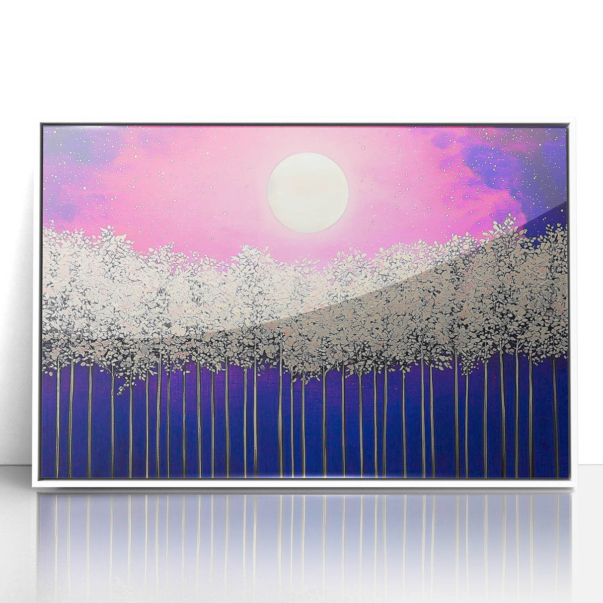 Framed acrylic artwork depicting an abstract landscape with vibrant colors of blue, green, and orange, set against a sleek white background, ideal for modern home decor.