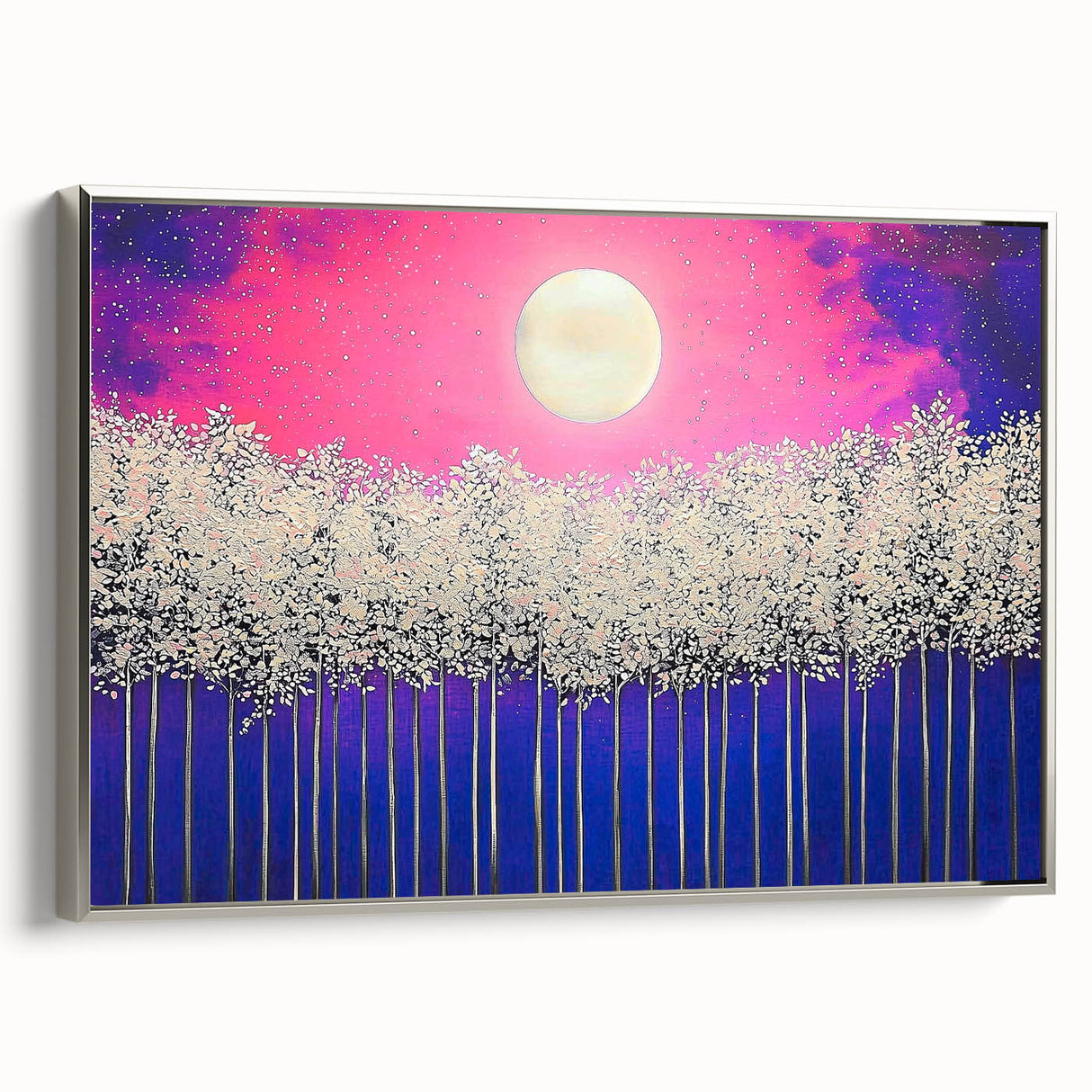 Framed abstract landscape canvas art with a silver frame, showcasing vibrant colors and fluid shapes, perfect for modern home decor. Ideal for enhancing living spaces.
