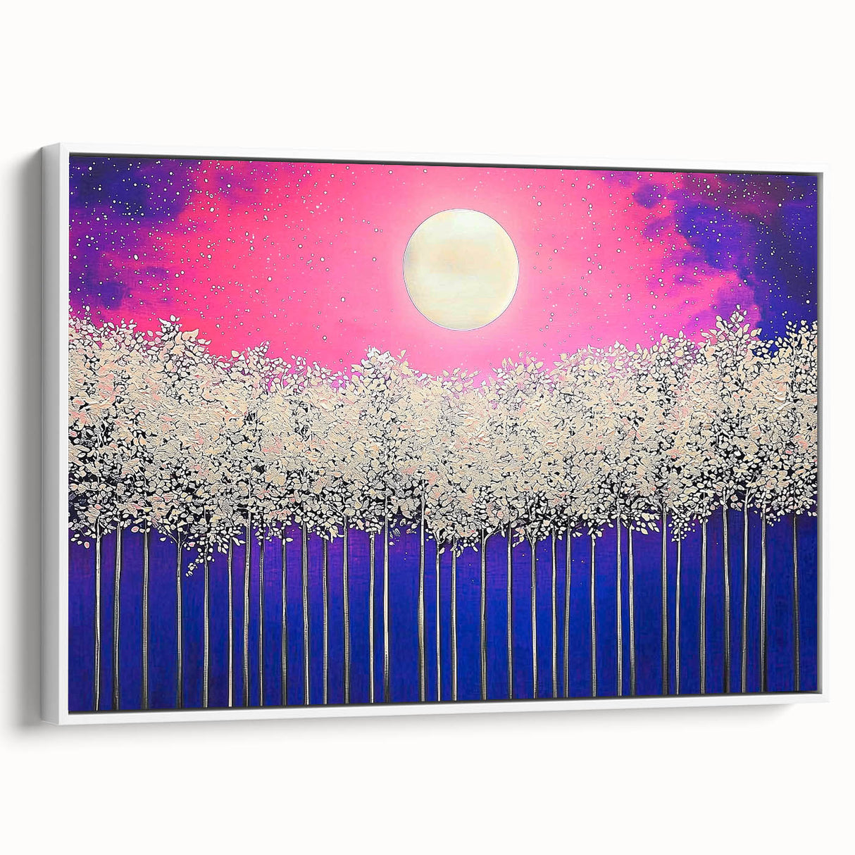 Framed abstract landscape canvas art showcasing a serene blend of blues and greens, set against a sleek white frame, perfect for modern home decor.