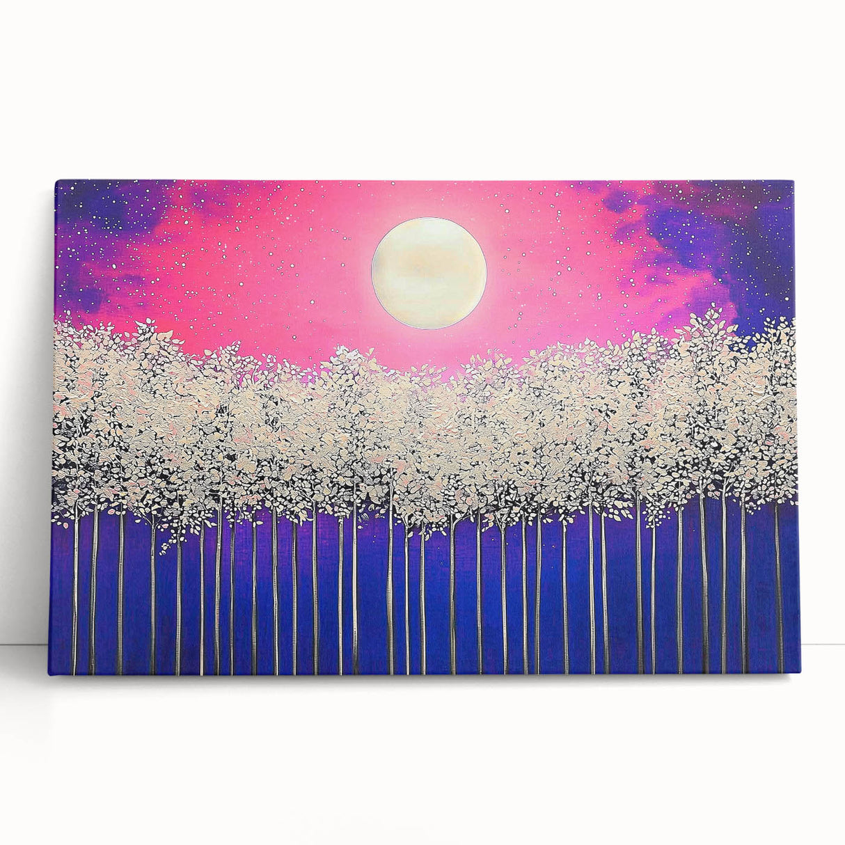 Abstract landscape stretched canvas artwork featuring vibrant colors and dynamic shapes, elegantly leaning against a neutral wall, perfect for modern decor.