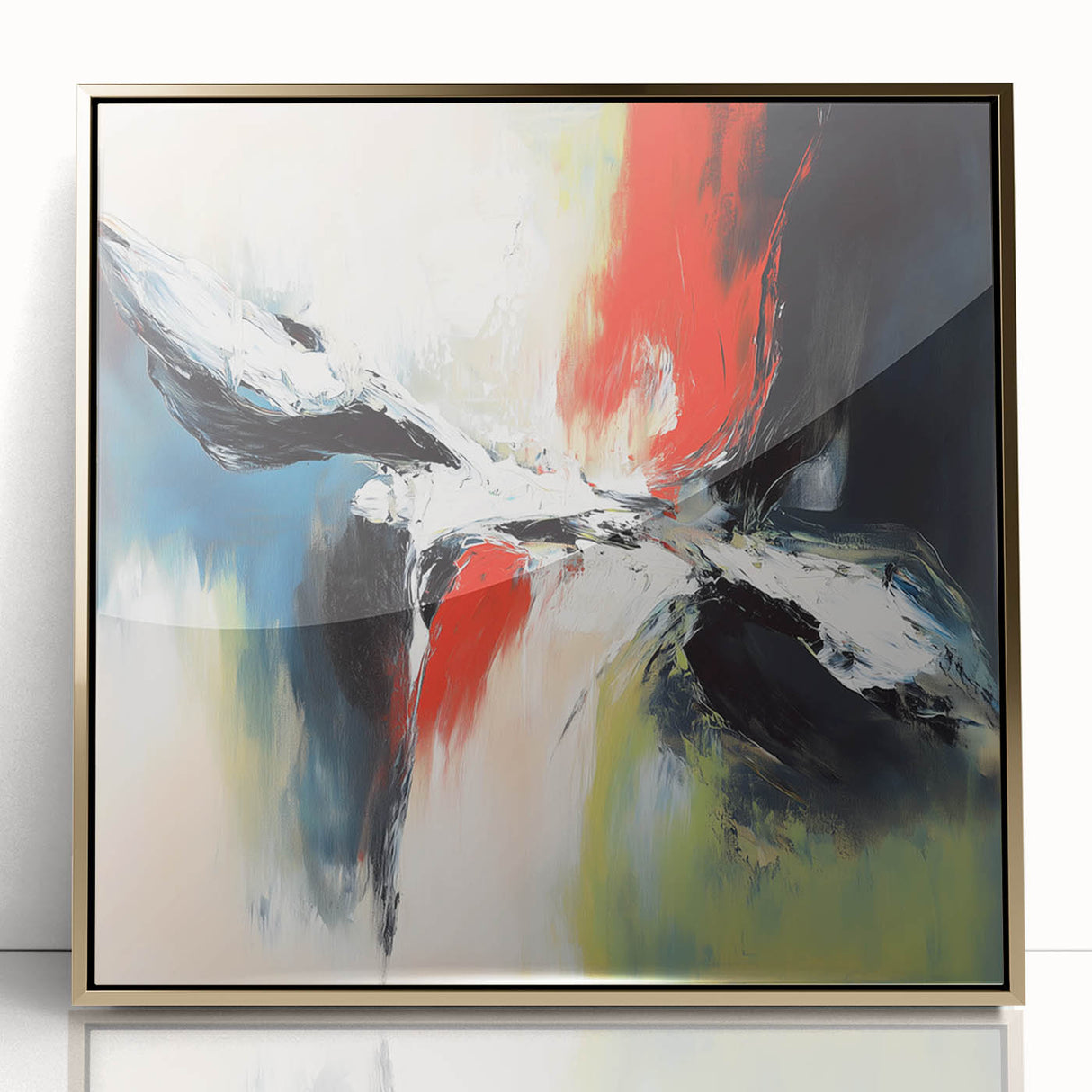 Large Abstract Wall Art – Red, Black & Olive Green Expressionist Canvas