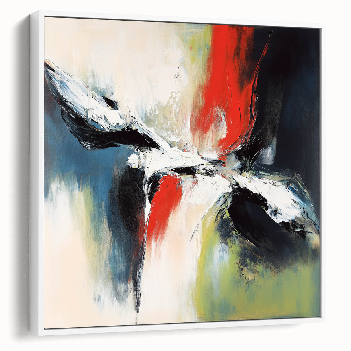 Large Abstract Wall Art – Red, Black & Olive Green Expressionist Canvas