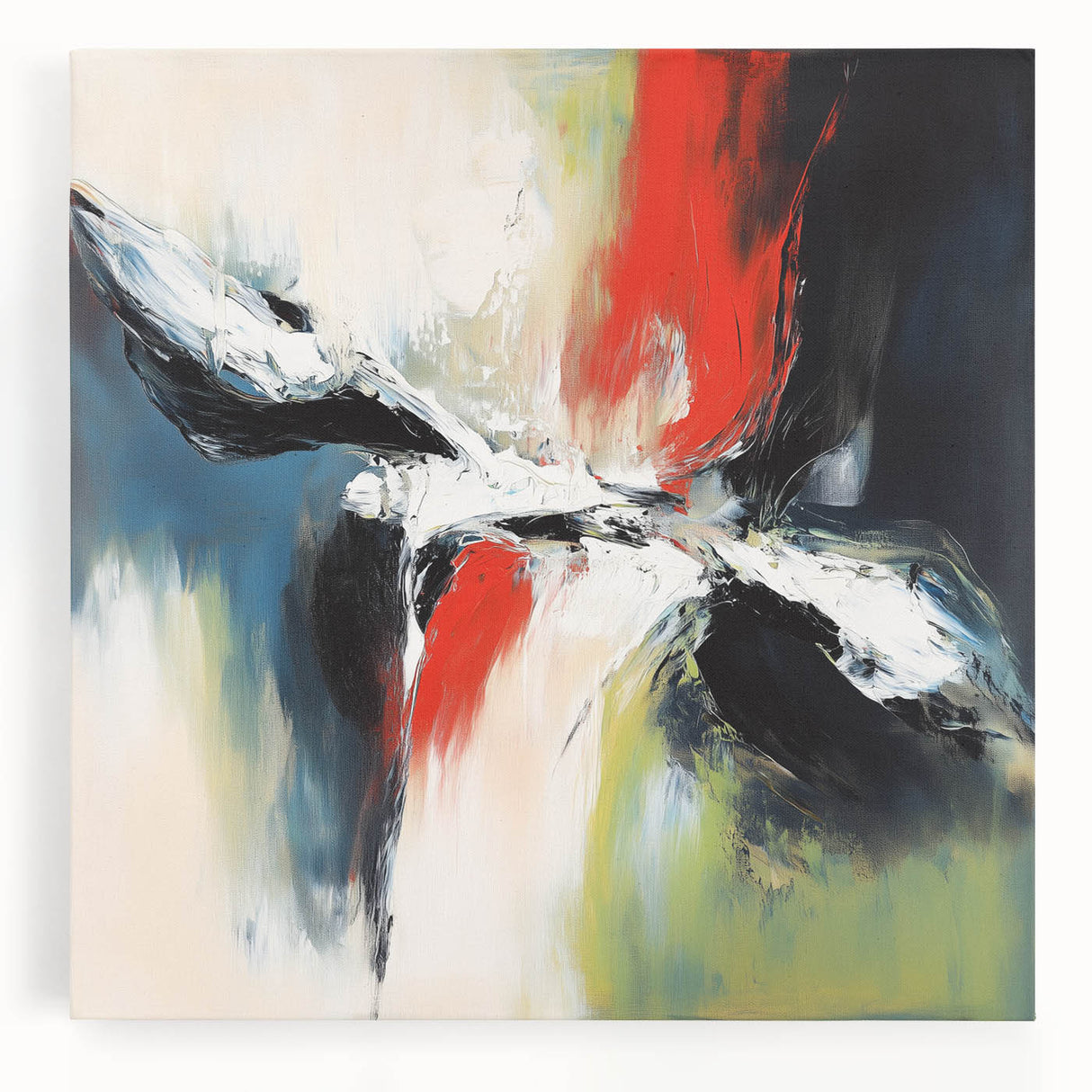 Large Abstract Wall Art – Red, Black & Olive Green Expressionist Canvas