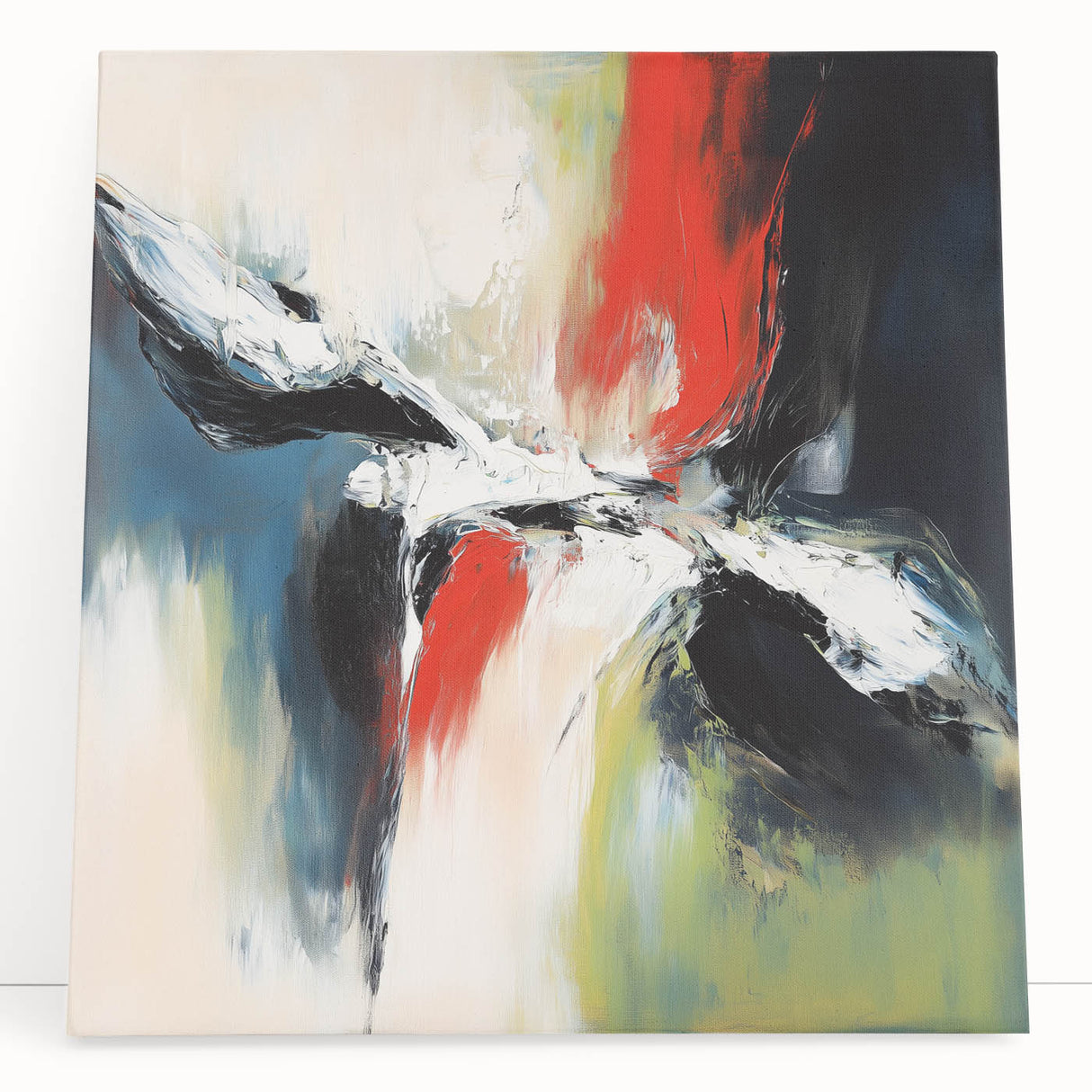 Large Abstract Wall Art – Red, Black & Olive Green Expressionist Canvas