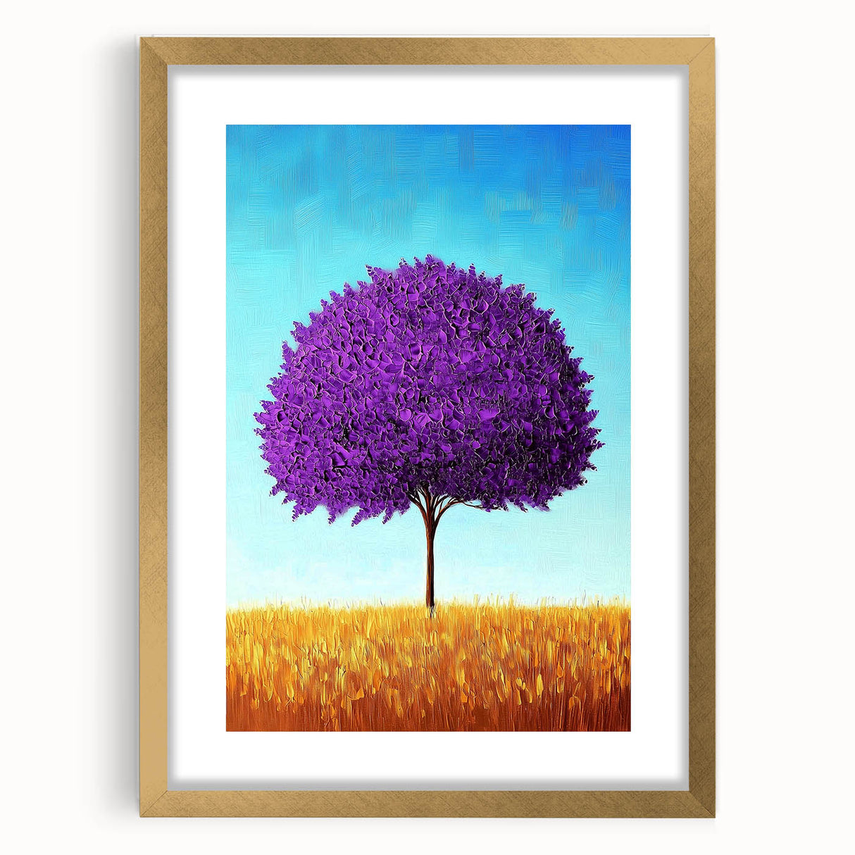 Abstract landscape artwork framed with a gold mat, showcasing vibrant colors and a textured design, ideal for modern home decor and artistic interiors.