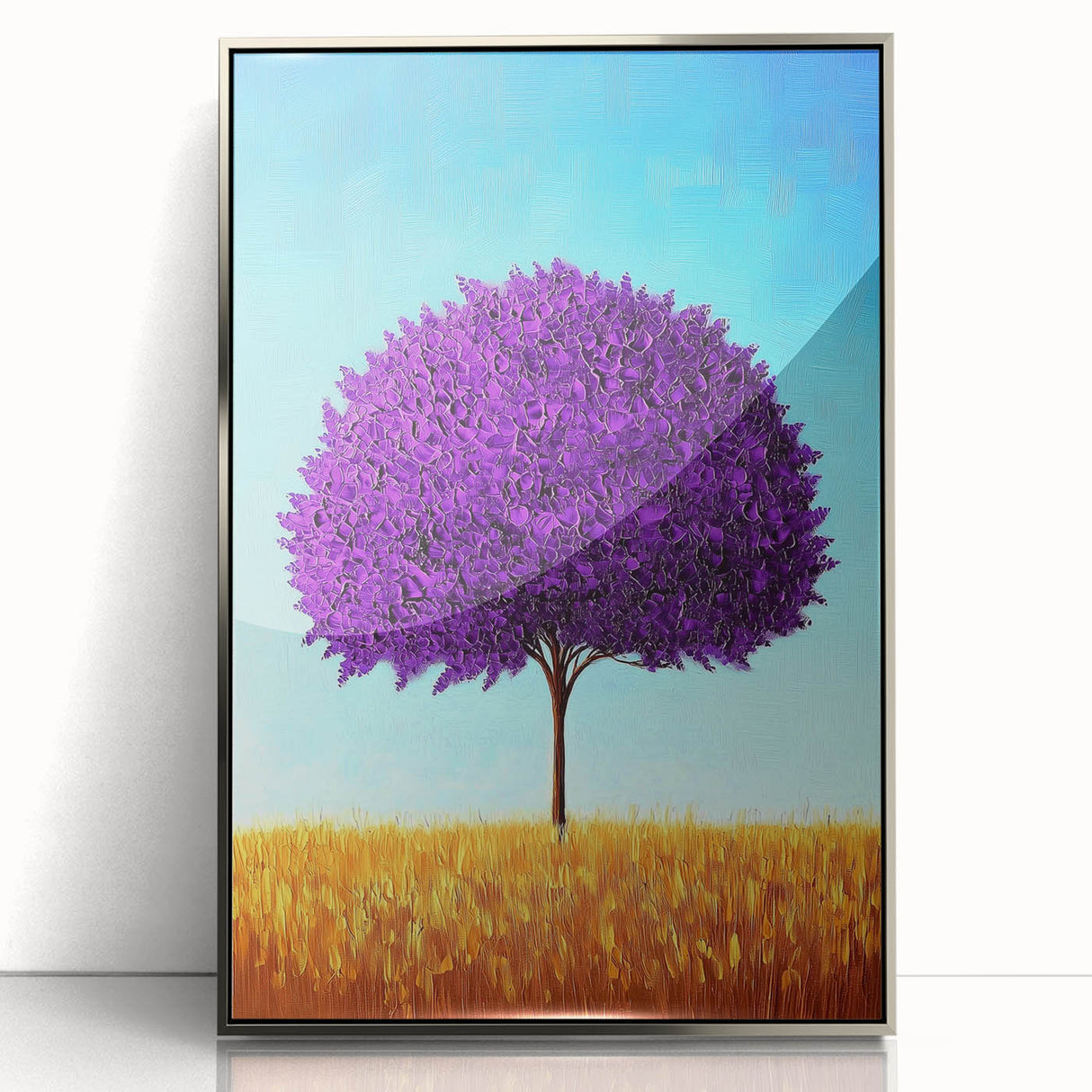 Framed acrylic artwork showcasing an abstract landscape design with silver accents, ideal for modern interior decor. The piece combines vibrant colors and fluid shapes to evoke a sense of tranquility and creativity, perfect for enhancing any living space.