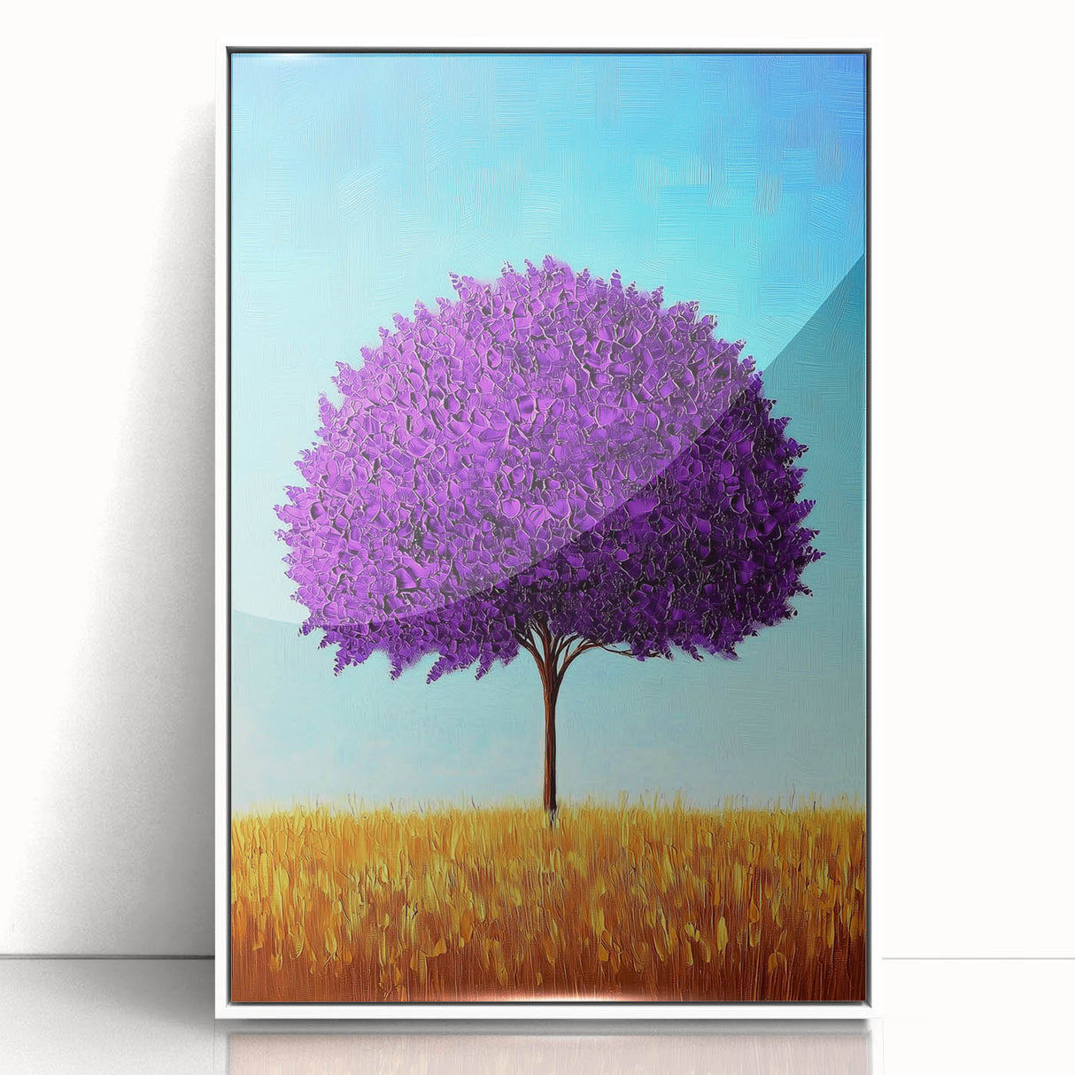 Framed abstract landscape artwork featuring a blend of earthy tones and dynamic shapes, set in a sleek white frame, perfect for modern home decor.