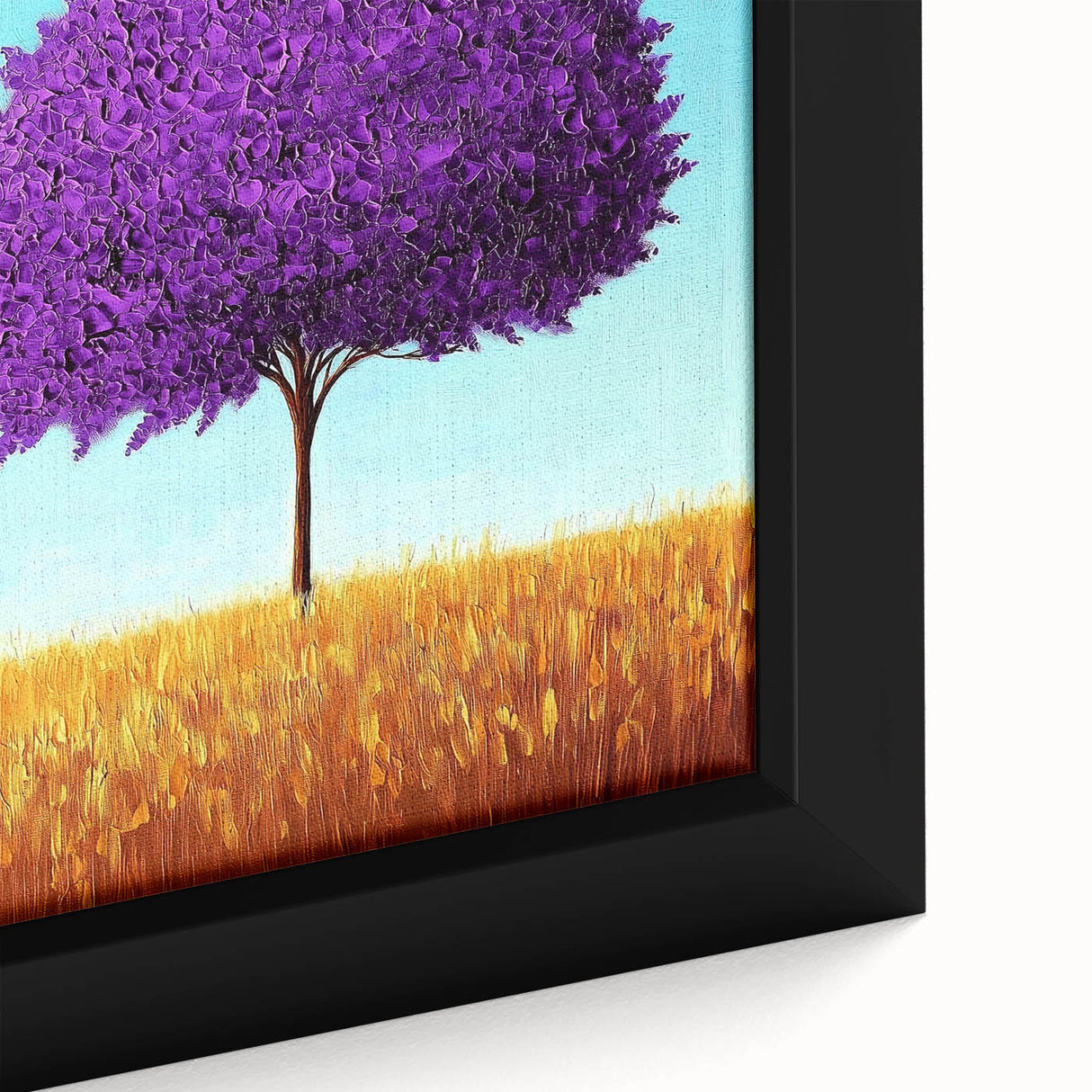 Close-up of a framed abstract landscape canvas featuring vibrant colors and intricate textures, ideal for modern home decor and art enthusiasts.