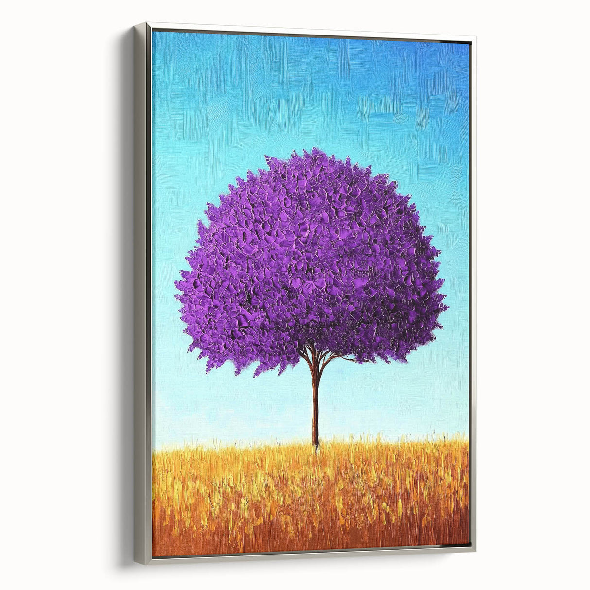 Framed abstract landscape canvas art displaying vibrant colors and intricate details, set in a sleek silver frame, ideal for modern home decor.
