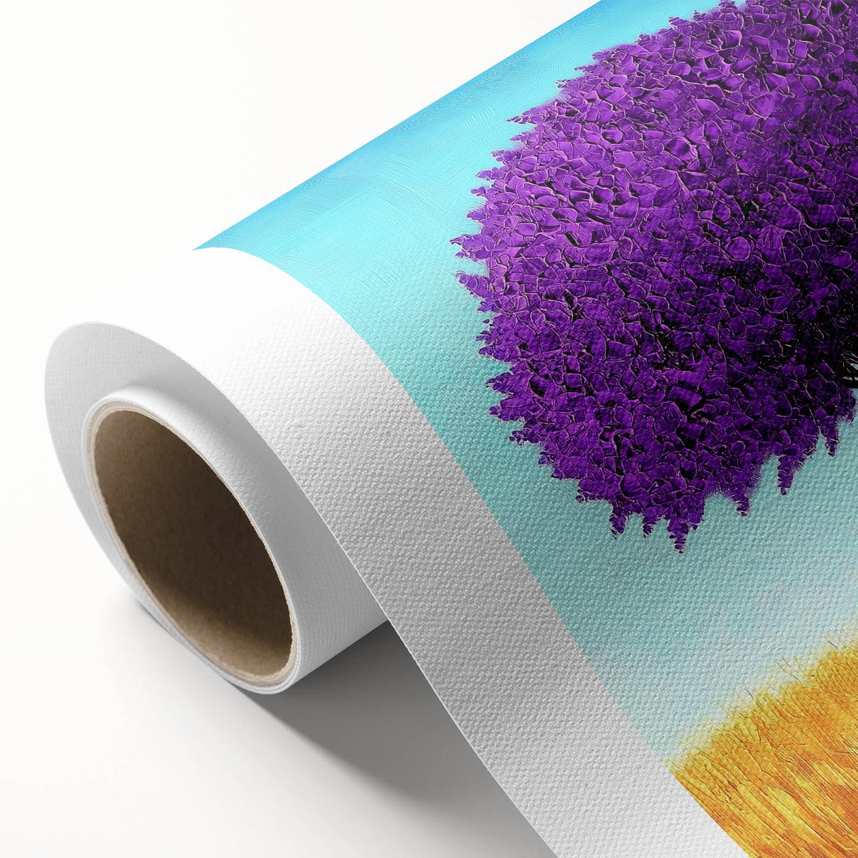 Abstract landscape rolled canvas artwork showcasing vibrant hues of blue and orange with a textured finish, elegantly packaged in a protective cardboard tube for easy transport and display. Ideal for modern home decor.