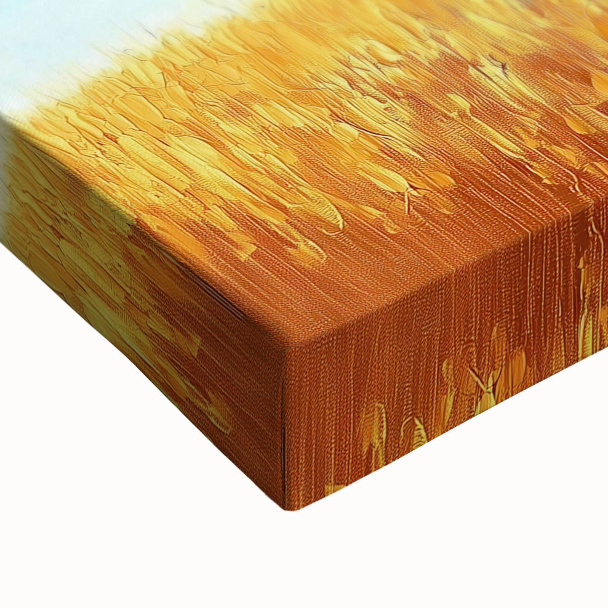 Close-up view of an abstract landscape stretched canvas showcasing vibrant hues of blue, green, and gold, perfect for modern home decor or art enthusiasts.