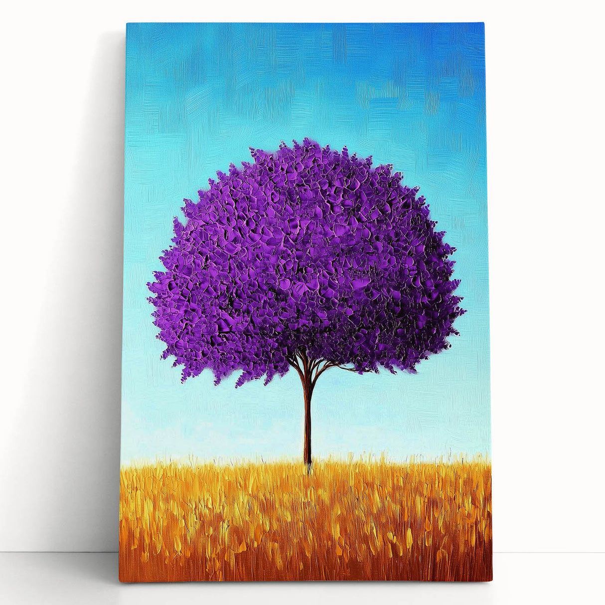 Abstract landscape canvas art featuring vibrant colors and fluid shapes, leaning against a textured wall, ideal for modern home decor accents.