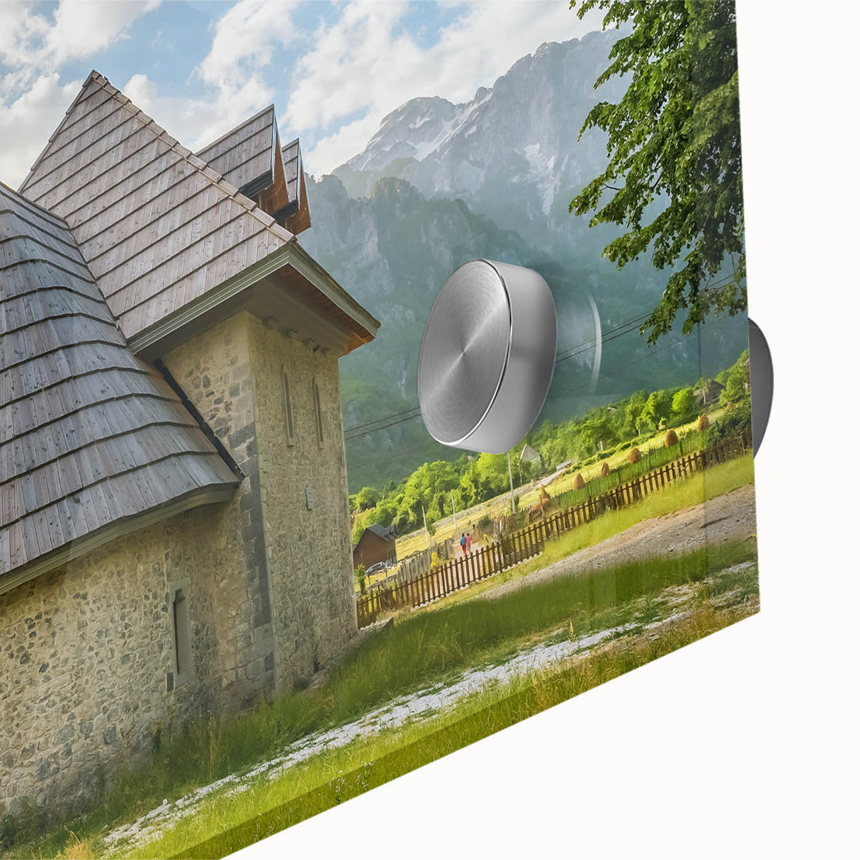 Large abstract wall art depicting a European Albanian scenery in muted earth tones on acrylic glass.