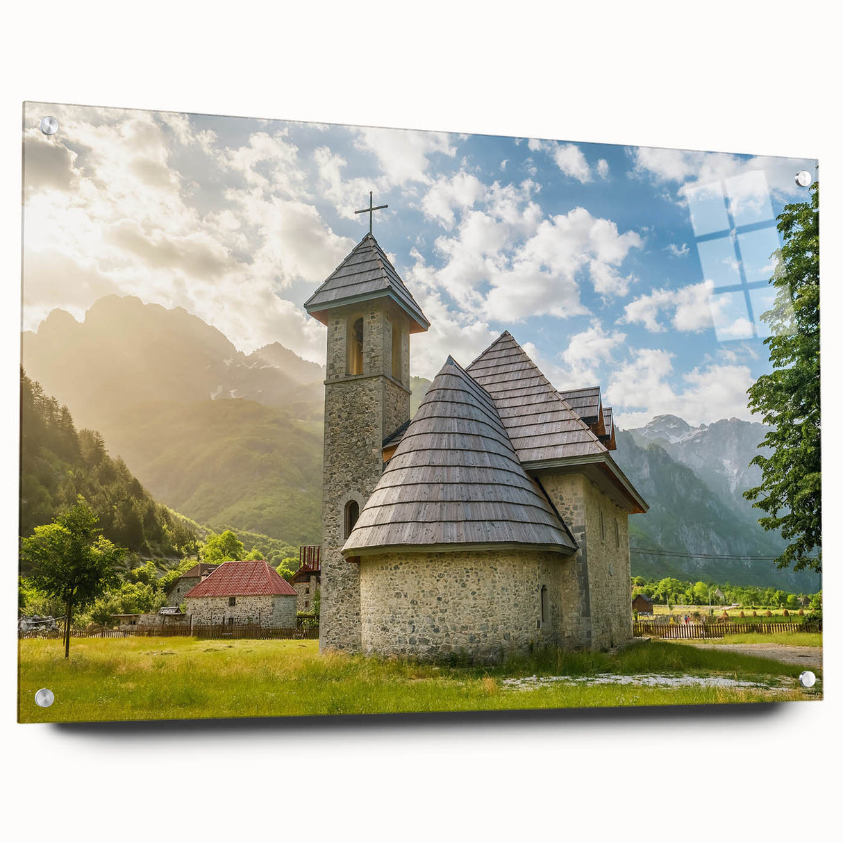 Large abstract wall art of a European scenery on acrylic glass, with a muted color palette, ideal for dining room decor.