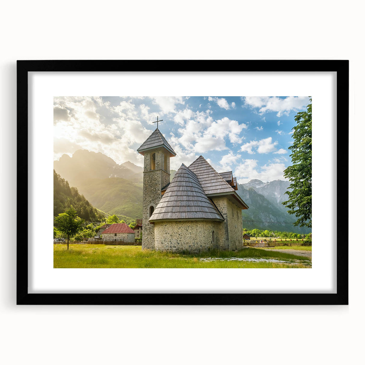 Abstract art print featuring vibrant, colorful textures of a European scenery on a large framed canvas.