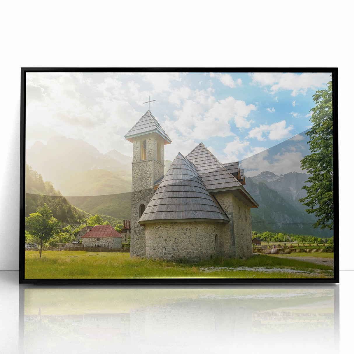 Large abstract wall art depicting a European Albanian scenery in muted earth tones on a framed acrylic.